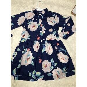 CARTER'S GIRL 2T BUTTON DOWN SHIRT DRESS Long Sleeve Dark Blue  Pink Floral